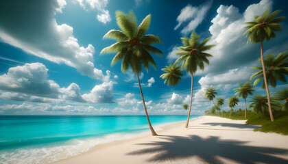 Obraz premium Idyllic Palm Beach: White Sands and Turquoise Waters Under Sunny Skies