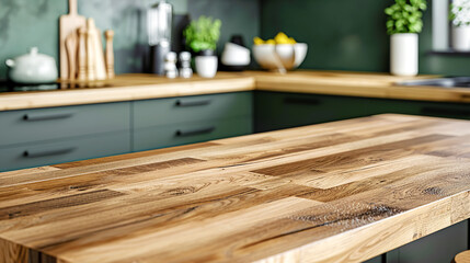 Close-up of an empty wooden kitchen countertop with a cooktop and food prep area, emphasis on texture and craftsmanship. Stage showcase template for promotional items, banner