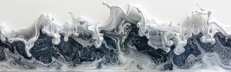 A black and white abstract painting with dynamic brush strokes and patterns on a white background