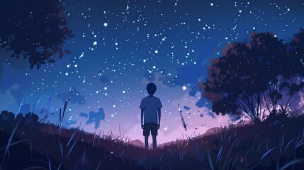 cartoon art of a man at night looking up at the stars