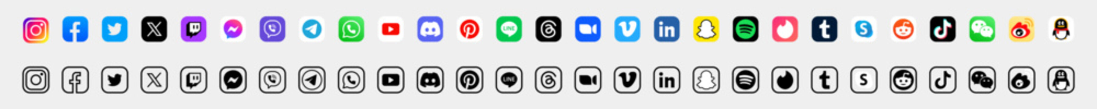 Instagram,Facebook,Twitter, X,Twich,tiktok,Discord,Pinteress,Spotiffy,Mesenger,Viber,Telegram,Wattsapp.Editorial black vector logo