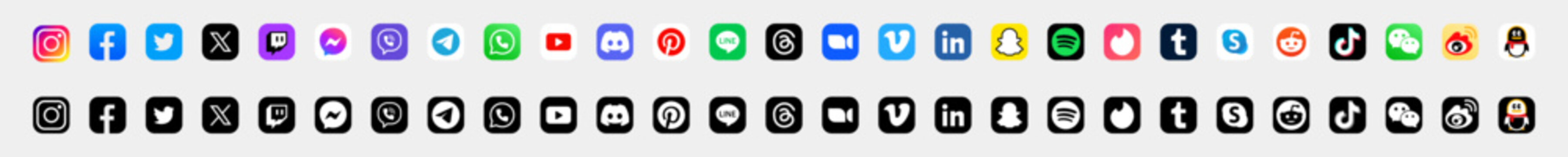 Instagram,Facebook,Twitter, X,Twich,tiktok,Discord,Pinteress,Spotiffy,Mesenger,Viber,Telegram,Wattsapp.Editorial black vector logo