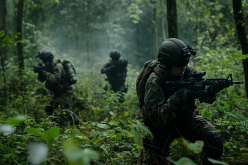 Soldiers in camouflage gear moving tactically through a misty, lush forest showcasing themes of teamwork, strategy, and vigilance