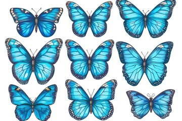 Group of blue butterflies on a plain white background. Ideal for nature or spring-themed designs