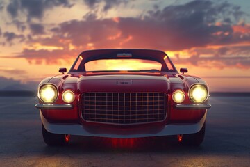 Retro car on the road at sunset,   render