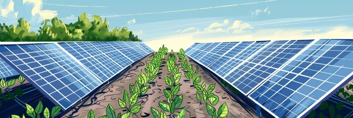 Growing fresh vegetables and fruits next to fields with solar panels, eco generation, illustration banner
