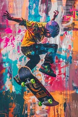a skateboarder performing tricks against a backdrop of vibrant street art