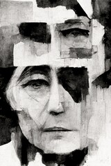Face portrait surreal collage abstract black and white background, wallpaper illustration, dramatic mood