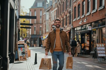 Happy joyful man with shopping bags in his hands