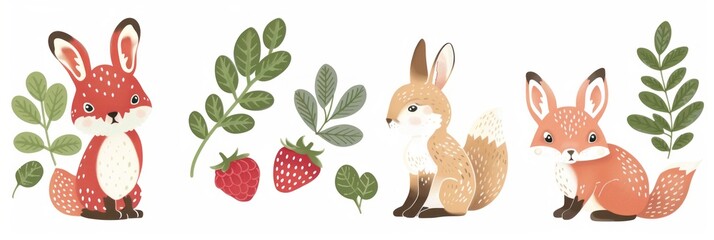 Illustration of a cute little fox and little hare among flowers and raspberries on a white background, children's illustration for a book, banner
