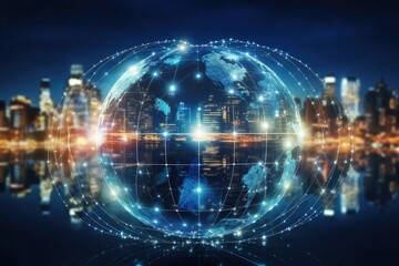 Obraz premium Global business, internet network connection, IoT Internet of Things, business intelligence concept. Businessman hand holding global network, futuristic technology background