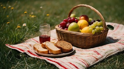 Picnic in the countryside. Picnic basket with fruit and juice.