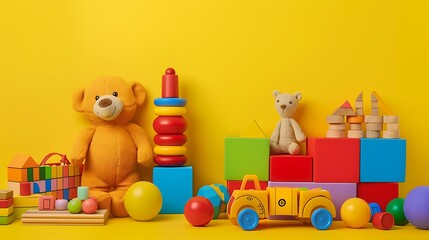 Baby kid toys on yellow background