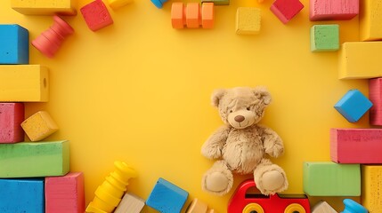 Baby kids toys frame with teddy bear wooden toy car colorful bricks on yellow color background