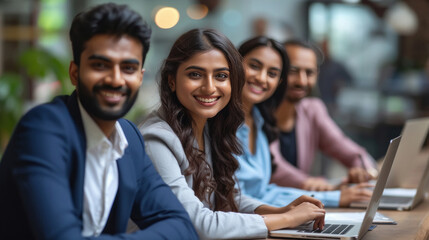 young corporate employee team working together and giving happy expression at office