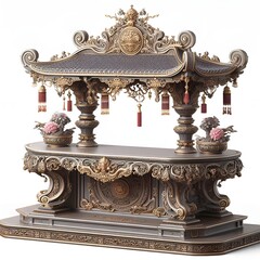 A golden shrine with ornate details and flowers on top
