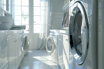 A modern washer and dryer in a laundry room. Ideal for household appliance concepts