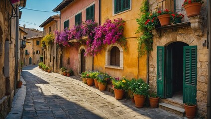 Narrow street decorated with flowers