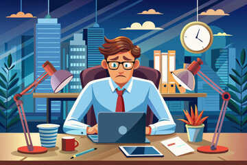 Tired sleepy male office worker stays late on workplace. Overload paperwork, meeting deadlines, report, overwhelmed by work young businessman illustration.