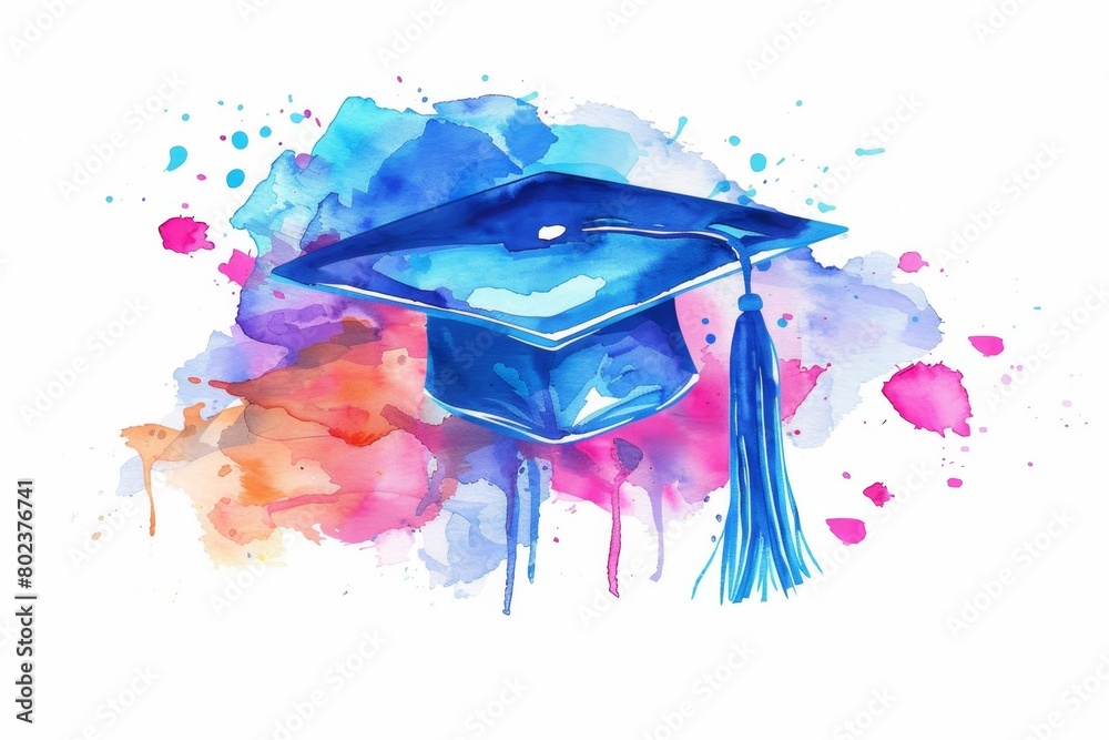 Canvas Prints blue graduation cap with tassel on white background in the style of watercolor hand drawn cartoon ge - Canvas Prints