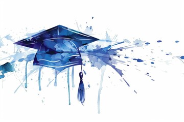 Transitioning from left to right, the graduation cap is depicted with blue color and tassel on a white background features a watercolor splash effect that adds depth Generative AI