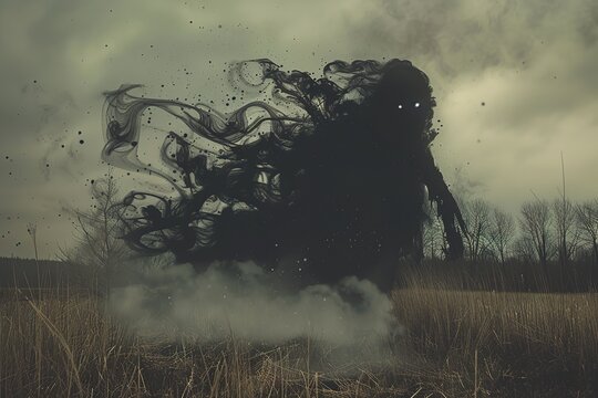 a large alien in a big city in the fog.a large alien in a big city in the fog. 3d cg rendering of alien with a big