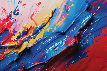 A modern, artistic background featuring an abstract expressionist splash of colors in red, blue, and yellow, resembling a painter's palette.