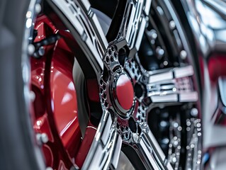A detailed close-up view of a shiny car wheel featuring red and chrome elements, emphasizing luxury and modern automotive style.