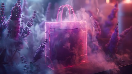 An ethereal shopping bag design floating gracefully against a dreamy lavender background, invoking...