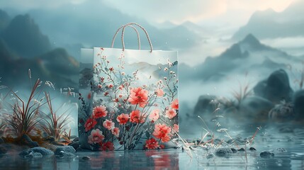 An ethereal shopping bag design featuring watercolor florals, set against a backdrop of misty morning blues, invoking a sense of tranquility and natural beauty
