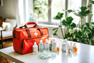 Red first aid kit bag with select medical items on a white table. Green plants decorate the soft interior background. Concept of health management and readiness in the home. Copy space