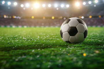 An soccer ball lying on grass at stadium is blurred in background. AI Generative