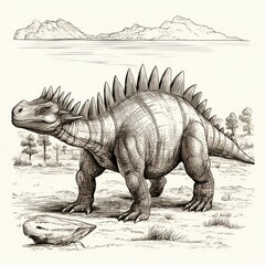 Dinosaur Sketch, Hand Drawn Sketched Stegosaurus Dino, Engraving Dinosaurs, Ink Jurassic Monster