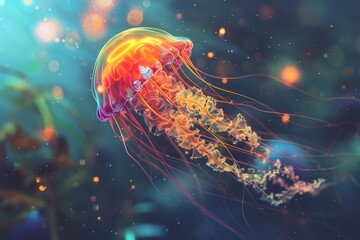 Fantasy Glowing Jellyfish, Bright Underwater Creature, Abstract Jelly Fish, Neon Animals