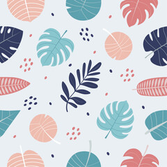 Tropical summer leaves seamless pattern. Contemporary abstract exotic vector illustration. Bright pastel modern design for print, cards, covers, decor.