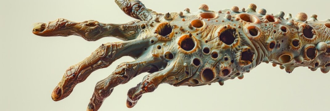 Zombie Hand with Many Small Holes, Deformed Fingers, Fungal Infection, Trypophobia Generative AI Illustration