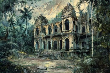 Naklejka premium Abandoned Palace in Jungle, Vintage Painting, Ruined Hotel in Deep Forest