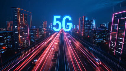Fototapeta na wymiar 5G network on smart city symbolize smart and faster internet connection. generative ai