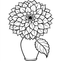 Dahlia flower on the vase outline illustration coloring book page design, Dahlia flower on the vase black and white line art drawing coloring book pages for children and adults