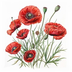 Obraz premium Poppy Flower Botanical Illustration, Wild Red Flowers Realistic Painting, Poppy Drawing