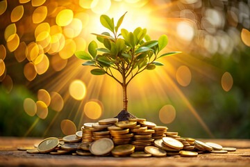 Artistic Rendering of Money Tree with Coins and Bills for Leaves Under Soft Golden Light