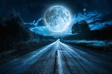 Fantasy Fairy Tale Full Moon Illuminates the Night Road, Shining Moonlight, Road to Huge Moon,
