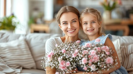 a woman is kissing her daughter on the cheek while holding a bouquet of flowers
