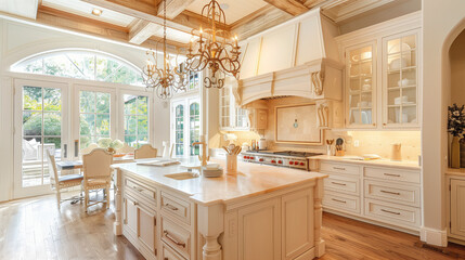 A classic French country kitchen with ornate chandeliers, white cabinets and island, natural wood beams on the ceiling, large windows, marble countertops, vintage dining chairs, arched doorways, warm 