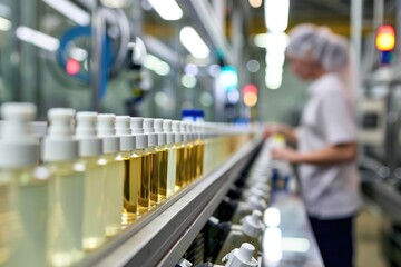 Fototapeta premium A man working among bottles of oil. Suitable for industrial concepts