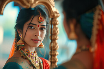 indian bride looking in the mirror