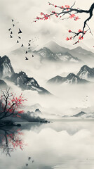 Dawn's First Light; A Peaceful Landscape of Delicate Cherry Blossoms Against a Mountainous Backdrop