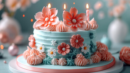 Blooming pastel flowers birthday cake with lighting candles, ready for making a wish. AI Generative