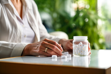 Elderly woman hand arranges, taking white pills near an open container. At home, a tranquil setting. Green plant background. Concept of seniors managing medication. Copy space - Powered by Adobe