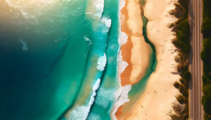 Aerial Shoreline Beauty: Turquoise Waters Edge Along Sandy Beach